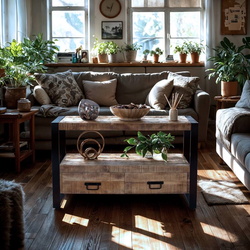 40" Mango Wood TV Stand with Industrial Style Drawers and Metal Frame