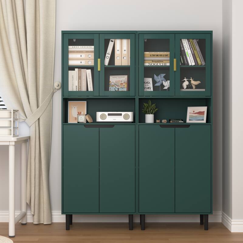 Tall Kitchen Pantry Cabinet with Glass Doors & Gold Handles, 63" Storage for Bathroom & Dining Rooms