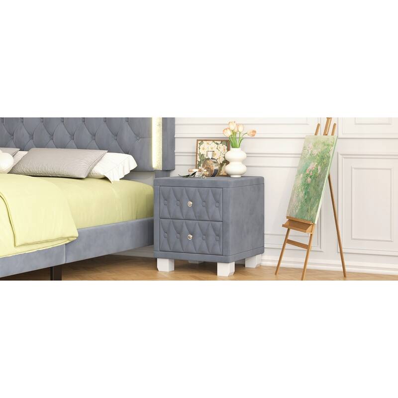 Velvet Upholstered Nightstand, Small Wooden Dresser, Sofa Side Table with Tufted Button, 2 Drawers & Crystal Handle
