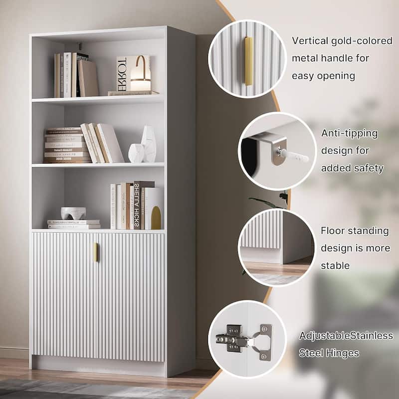 70.8 Inch Modern Display Cabinet Fluted Doors Gold Handle Bookcase Living Room Office