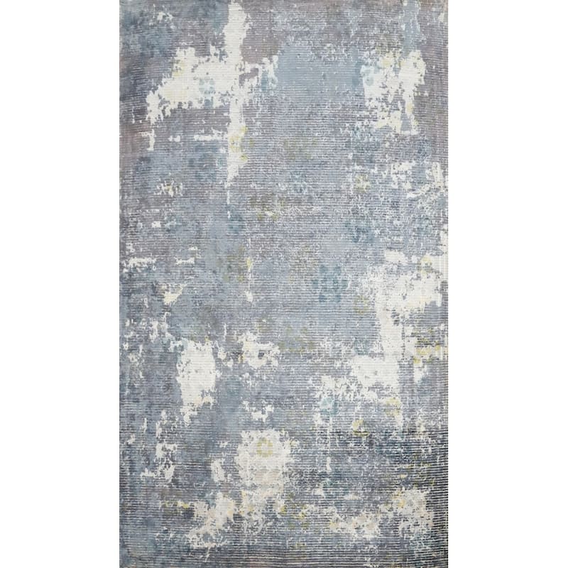 Hand Knotted Oriental Viscose Silk Carpet Modern All-Over Greys & Charcoal Abstract Area Rug - 7' 11'' X 5' 0''