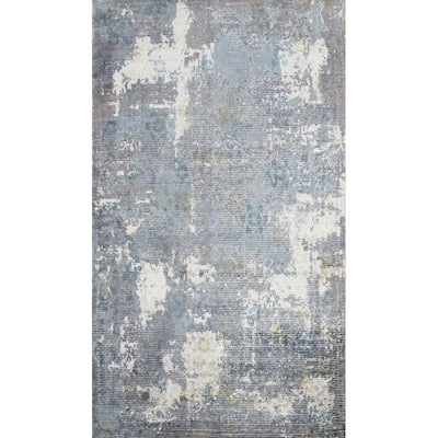 Hand Knotted Oriental Viscose Silk Carpet Modern All-Over Greys & Charcoal Abstract Area Rug - 7' 11'' X 5' 0''