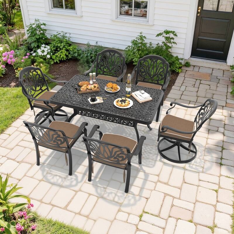 7-Piece Outdoor Dining Set with 1 Table and 6 Chairs, All-Weather Aluminum Outdoor Patio Sets - Black