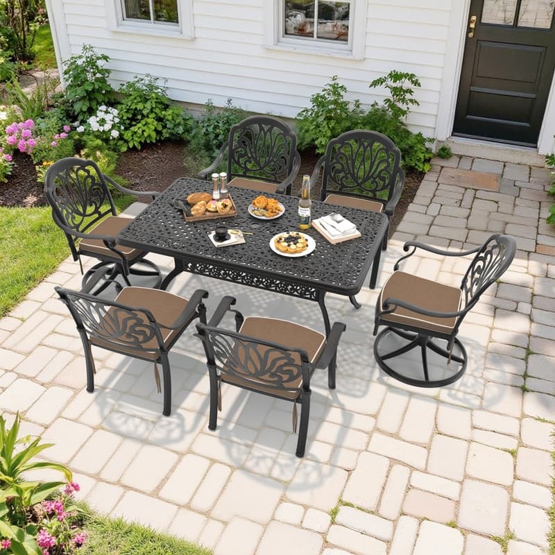7-Piece Outdoor Dining Set with 1 Table and 6 Chairs, All-Weather Aluminum Outdoor Patio Sets