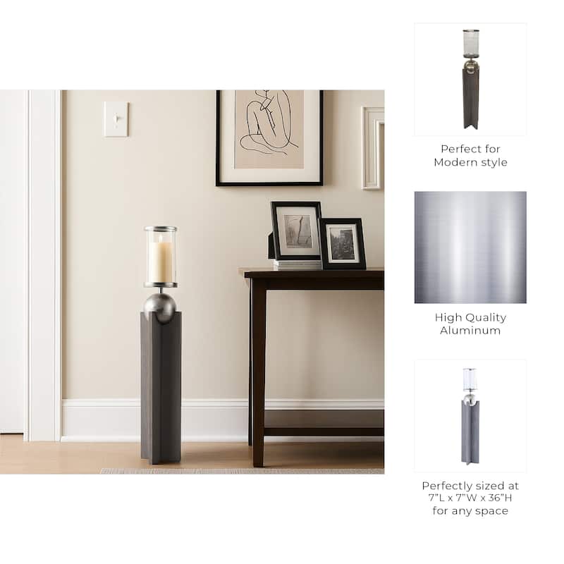Candle Holder - Gray Wood Pillar with Metal Sphere
