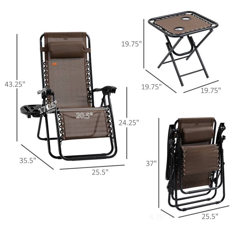 Outdoor Zero Gravity Chairs with Side Table, Set of 2 Folding Reclining Chairs with Cupholders & Pillows