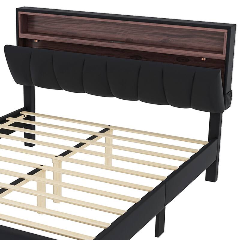 Moasis Full Black PVC Bed Frame LED Bed Frame with Storage Upholstered Velvet Headboard