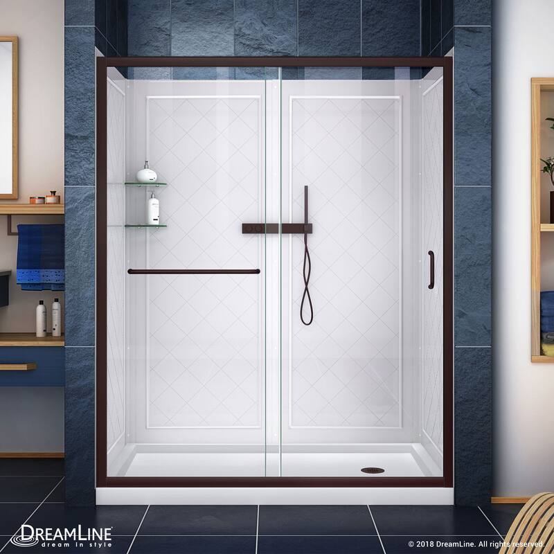 DreamLine Infinity-Z 32 in. D x 60 in. W x 76 3/4 in. H Sliding Shower Door, Shower Base and Backwall Kit - 32" x 60" - Oil Rubbed Bronze Clear Glass Right Drain