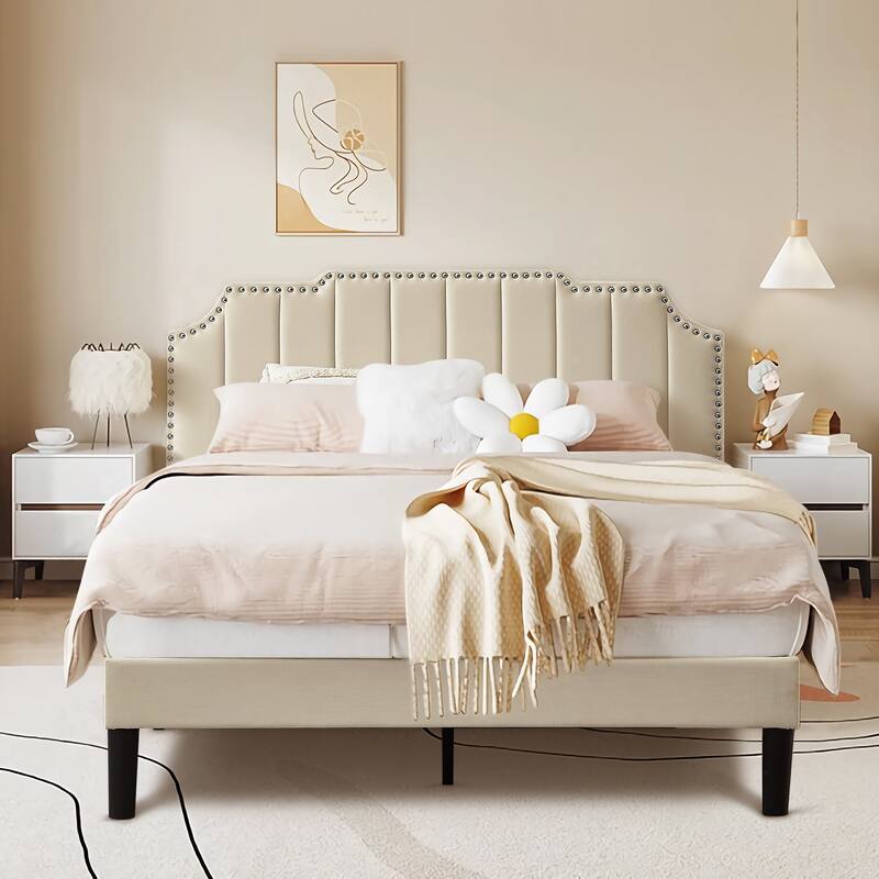 VECELO Upholstered Bed Frame with Nailhead Trim Adjustable Height Headboard, Twin/Full/Queen Size Bedframes - Beige - Queen