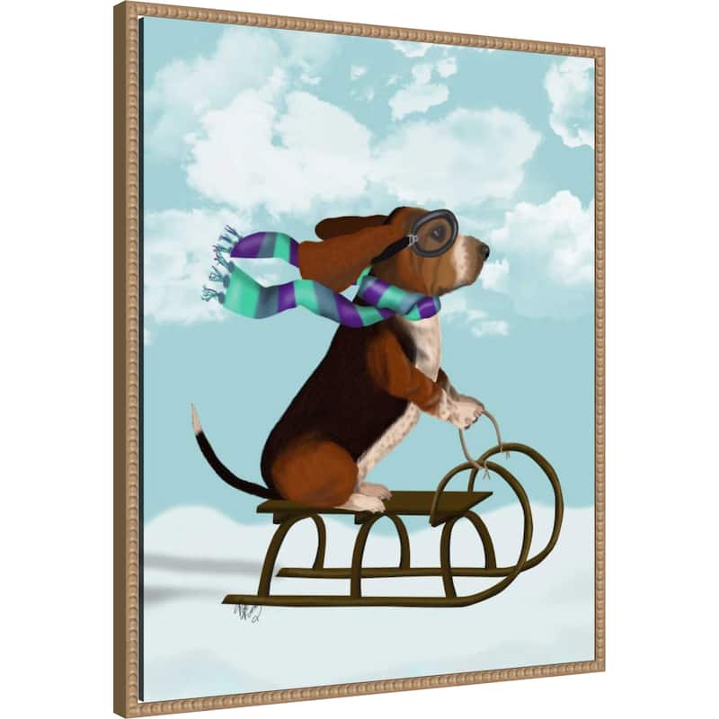 Basset Hound Sledging by Fab Funky (23 x 28 in.), Framed Canvas Wall Art Print - Sylvie Beaded Rustic Natural