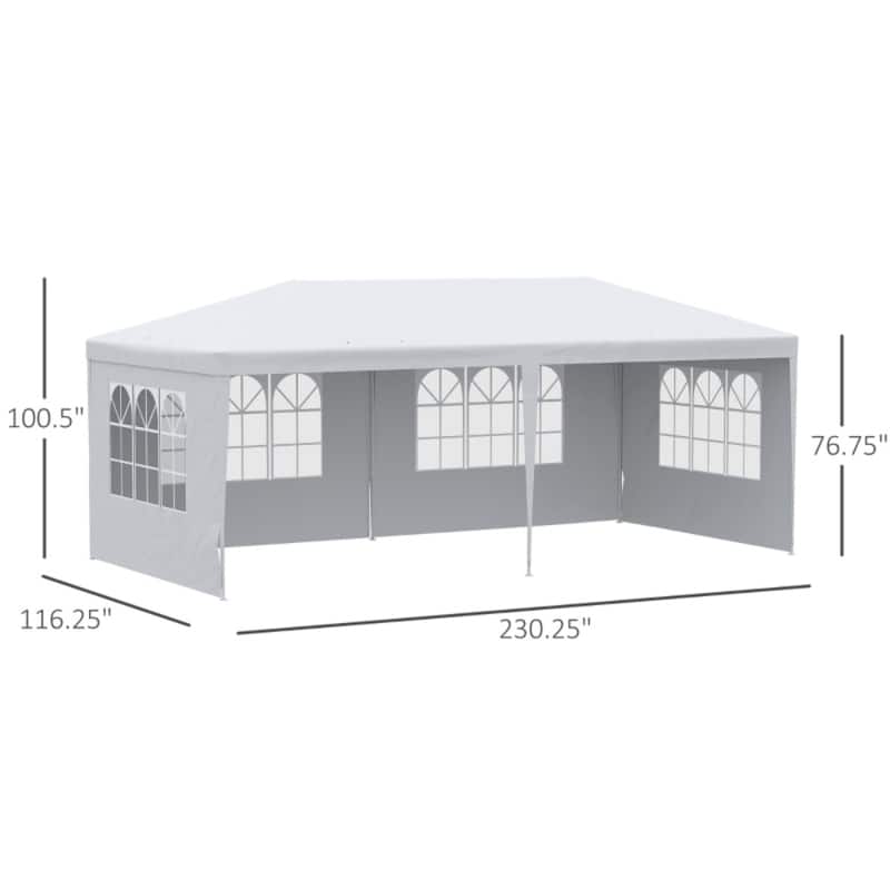 White PE Cloth Steel Frame Outdoor Party Tent with Sidewalls and Windows - 230.25” L x 116.25” W x 100.5” H