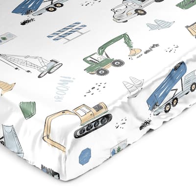 Sweet Jojo Designs Green Blue Construction Truck Boy Satin Fitted Crib Sheet Transportation Zone Vehicles Bulldozer Crane Yellow