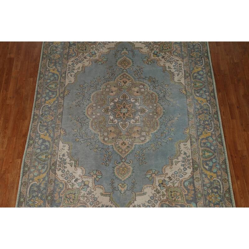 Hand Knotted Oriental 100% Wool Carpet Traditional Medallion Navy Blue & Blues Tabriz Area Rug - 9' 4'' X 6' 8''