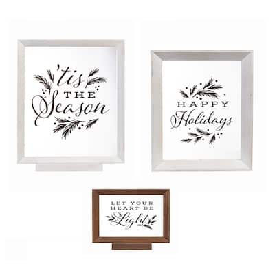 Wood Framed Decor, Set of 3 "Happy Holidays" "Let Your Heart Be Light" "Tis the Season"