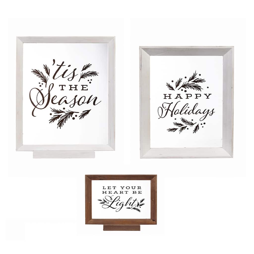 Wood Framed Decor, Set of 3 "Happy Holidays" "Let Your Heart Be Light" "Tis the Season"