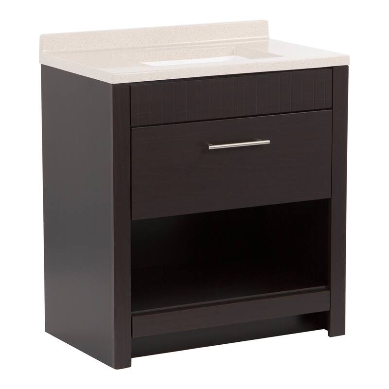 Brooksley Ebony Oak Bathroom Vanity With Drawer, Open Shelf, and Sink Top