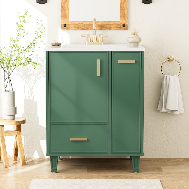 24"Bathroom Vanity with Sink, Bathroom Cabinet with Door Shelf, Deep Drawer, 2-Tier Pull-Out Basket, Solid Wood and MDF Board