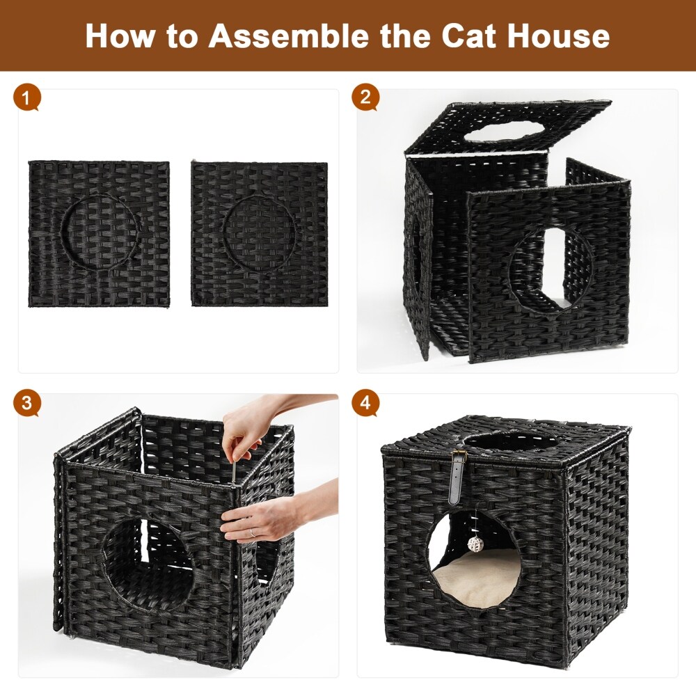 Rattan Cat Litter Cat Bed with Rattan Ball and Cushion pad yellow brown