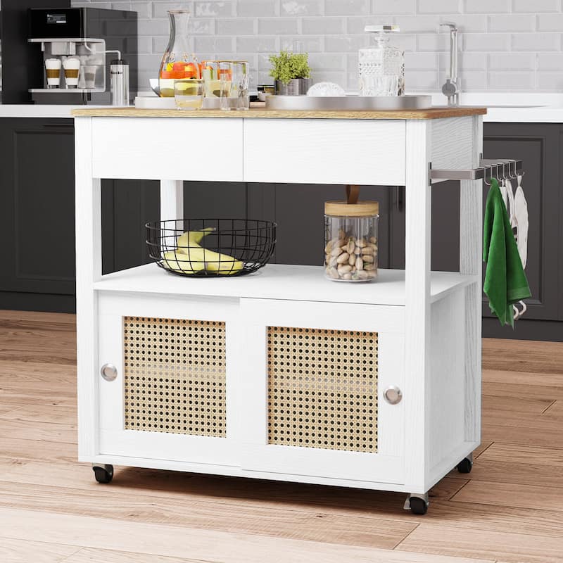Moasis Rattan Rolling Kitchen Island with Storage Cabinet - 32.2"L x19.5"W x 35"H