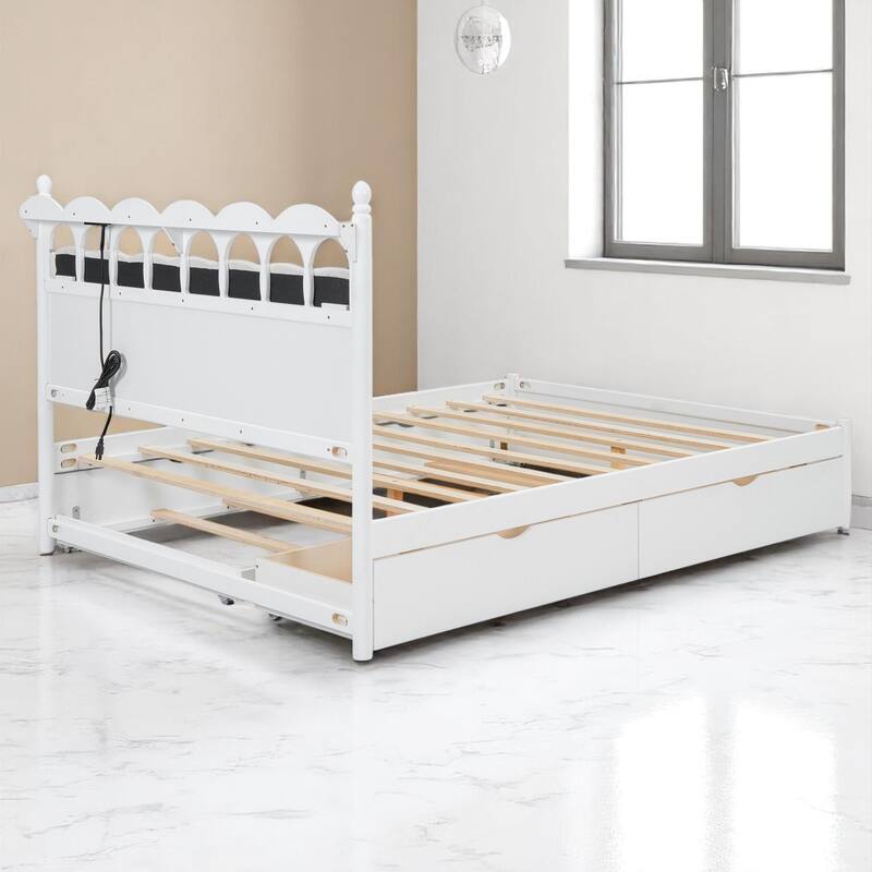Queen Platform Bed with Trundle, 2 Big Drawers, USB & Power Outlets for Extra Storage