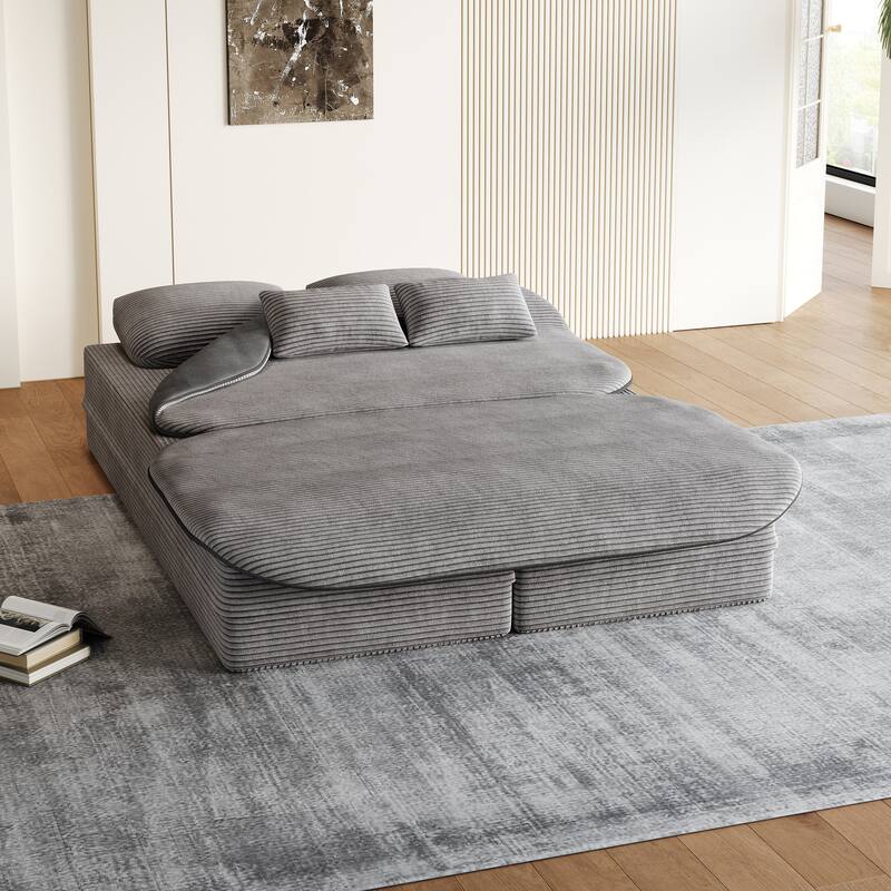 75 inch 2 in 1 Foldable Sofa Convertible Sleeper Foam with Blanket Corduroy Floor Sofa