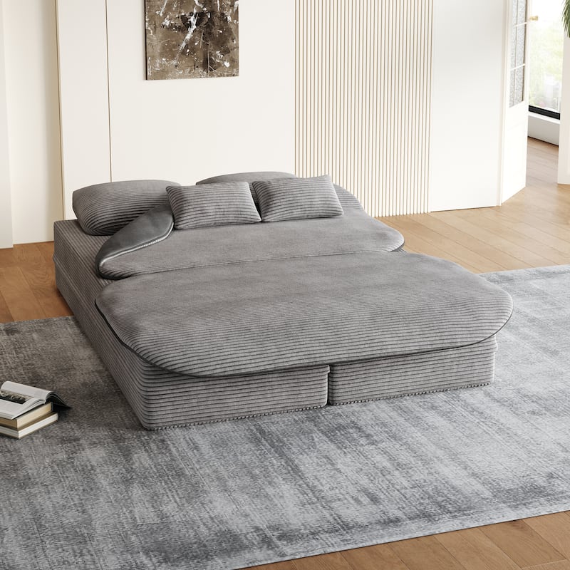GDFStudio - Lysander Corduroy Foldable Sleeper Sofa Bed with Multi Functional Blanket