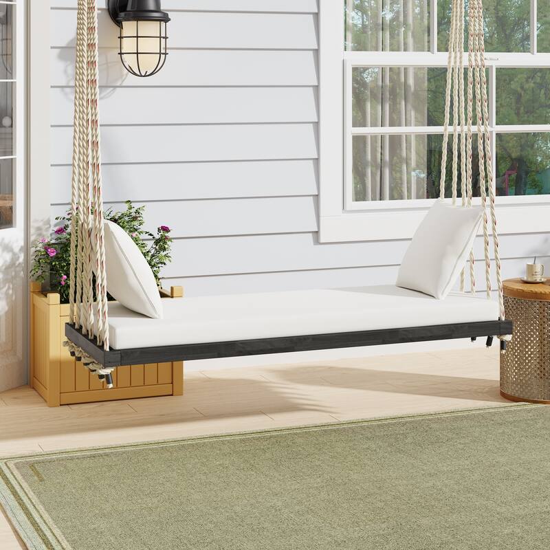 Patio Wood Hanging Swing Bench with Cushion and Pillows - Brown