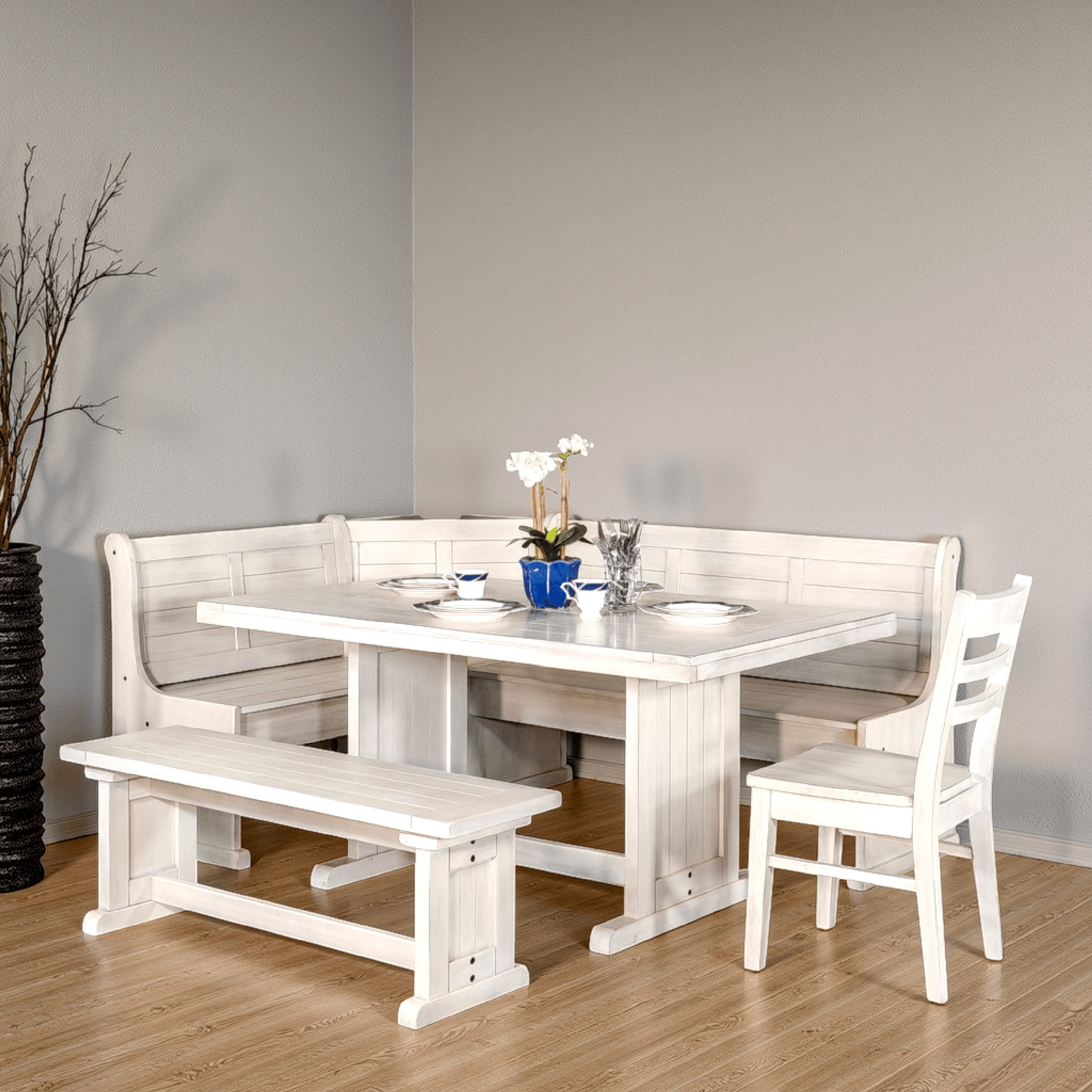 Benjara Sime 4pc Breakfast Nook Set, Dining Table and Corner Bench, White