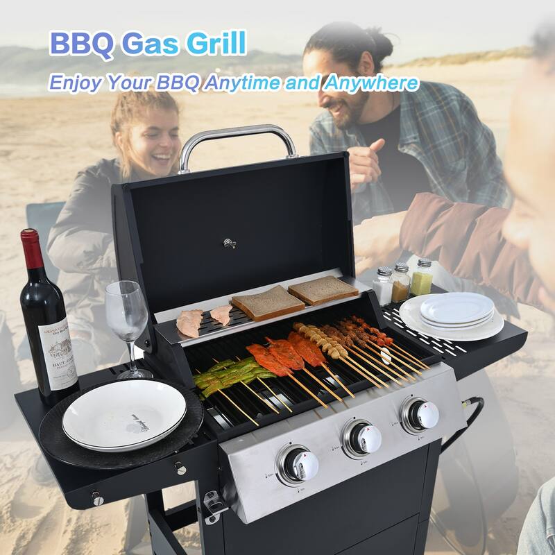 3 Burner Propane Gas Grill with 2 Shelves and Lid, Stainless Steel BBQ Grill with Wheels and Bottle Opener for Picnic