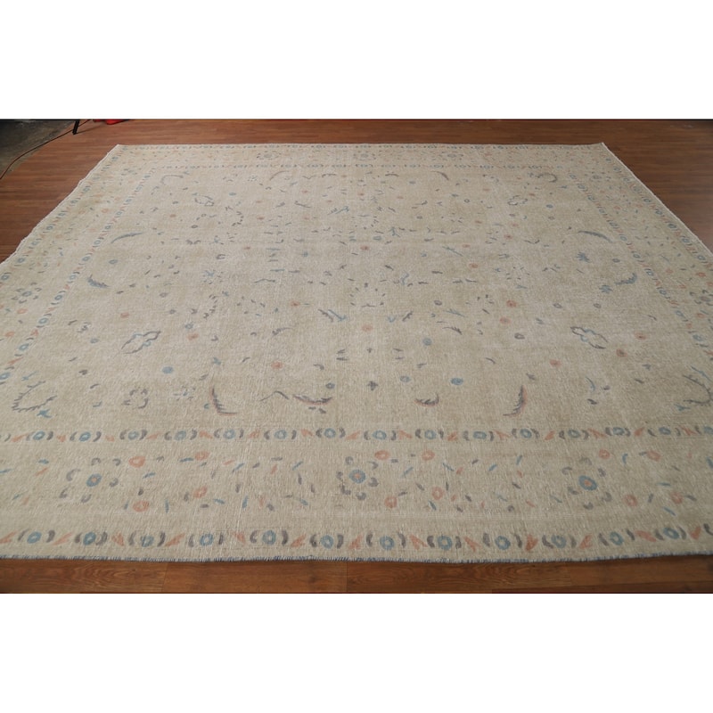 Distressed Floral Tabriz Persian Area Rug Hand-Knotted Wool Carpet - 9'5"x 10'10"