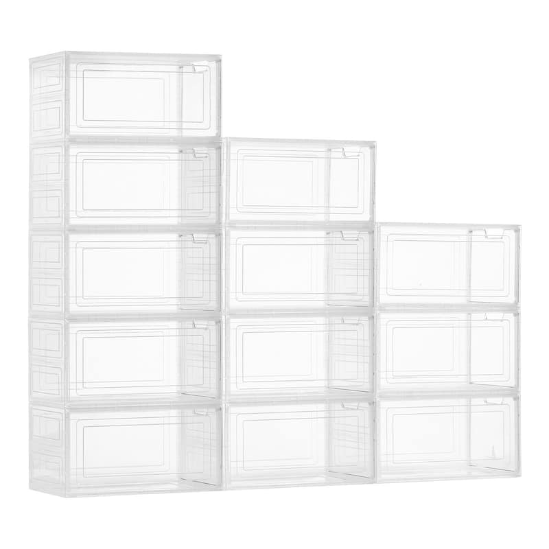 Stackable Shoe Storage Boxes Size 13 with Magnetic Door - 12 pk - Transparent White