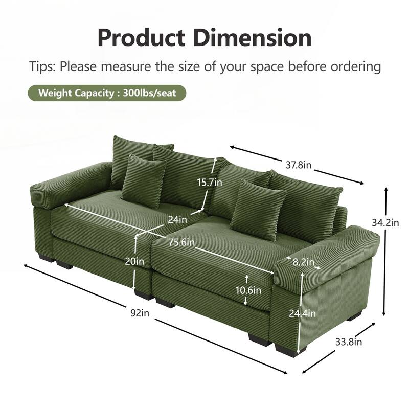 Oversized Cloud Modular Sectional Couch,Corduroy Fabric Extra-Wide Armrests Throw Pillows