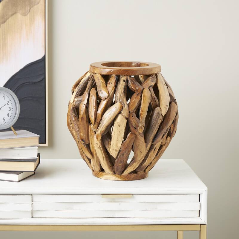 Teak Wood Handmade Live Edge Tree Branch Pot Decorative Vase - Brown - Roche River Decor