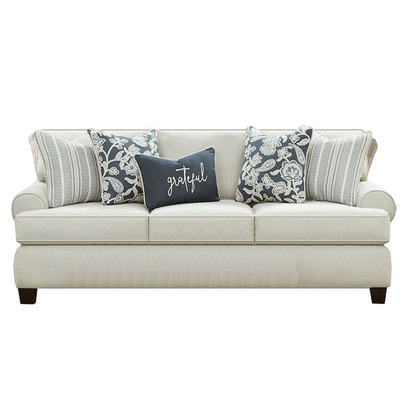 Chenille Upholstered Sofa With Pillows in Ivory Finish