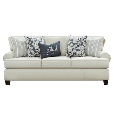 Chenille Upholstered Sofa With Pillows in Ivory Finish