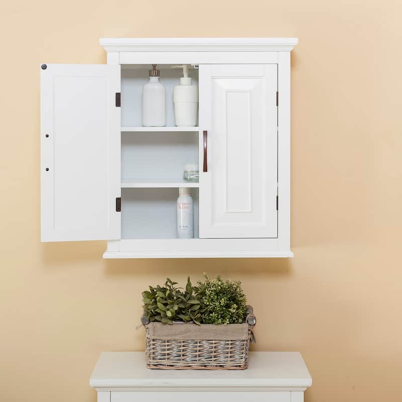Teamson Home St. James 2-Door Wall Cabinet with Adjustable Shelves and Brushed Bronze Handles - White - Wood Finish