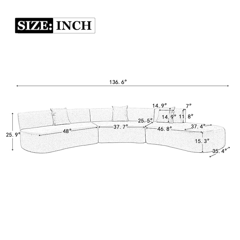 136in Stylish Curved sofa Sectional Sofa Chenille Fabric Sofa Couch with Three Throw Pillows for Living Room,