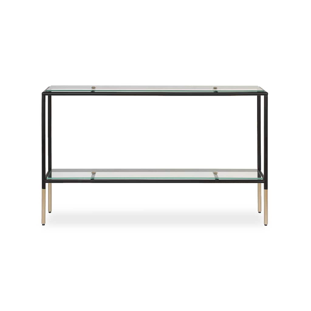 Beny Sofa Console Table, 48 Inch Glass Top, 1 Shelf, Modern Black Iron
