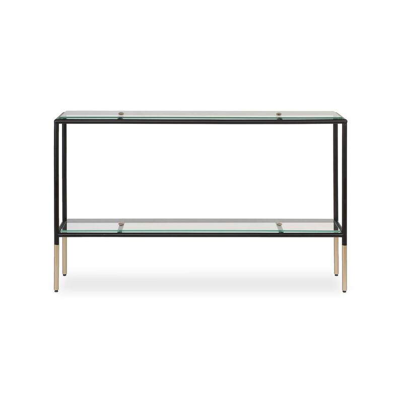 Beny Sofa Console Table, 48 Inch Glass Top, 1 Shelf, Modern Black Iron
