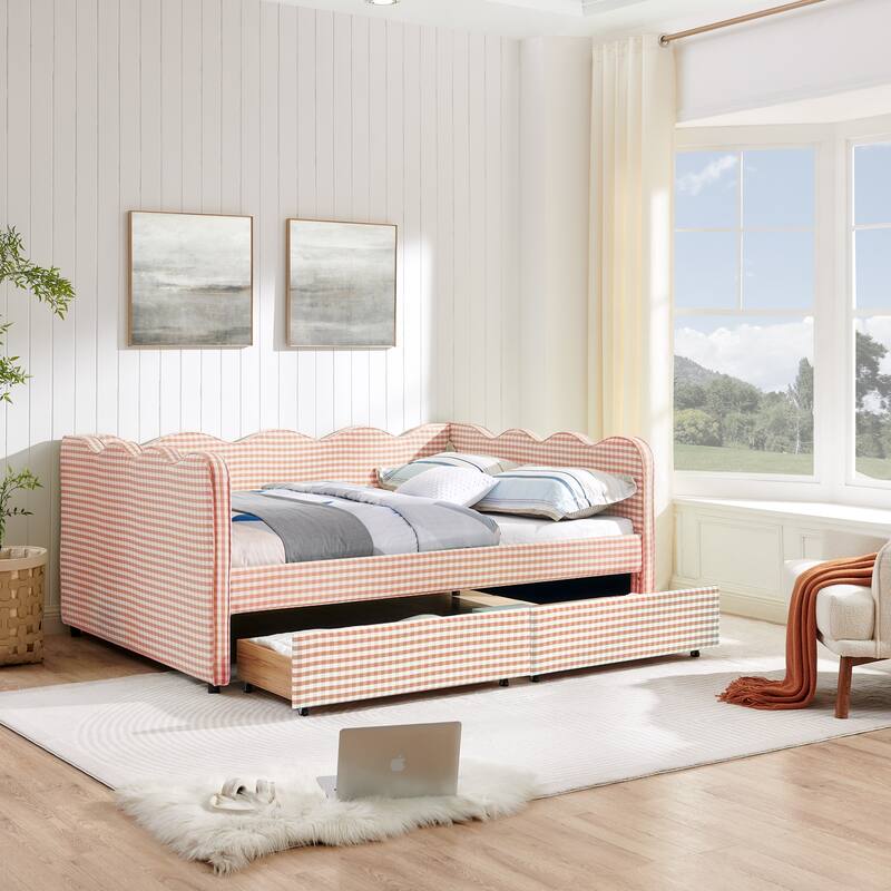Full Size Upholstery Daybed with 2 Storage Drawers and USB Port, Linen Fabric Sofa Bed with Plaid Pattern and Wavy Silhouette