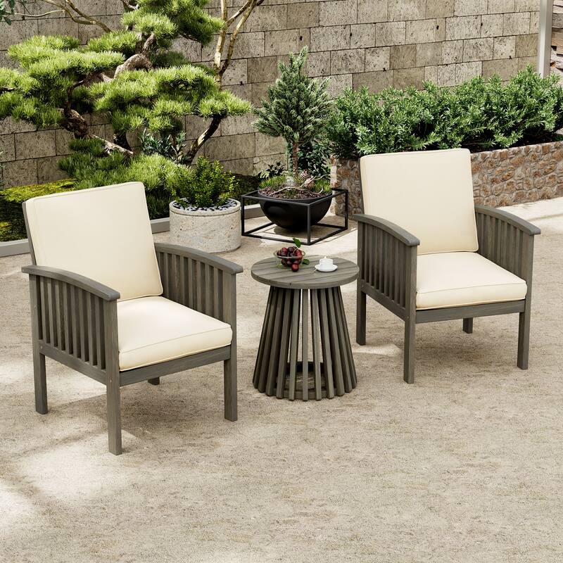 3 Pieces Patio Set Outdoor Acacia Wood Furniture Sets-Modern Club Chair Conversation Sets with Foldable End Table - Cream,Gray