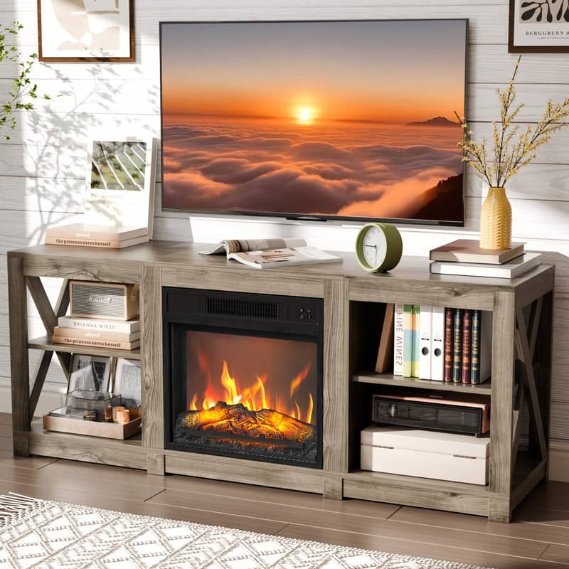 TV Stand with Optional Fireplace for TVs up to 70in Farmhouse Entertainment Center with Adjustable Shelves - No Fireplace - Grey