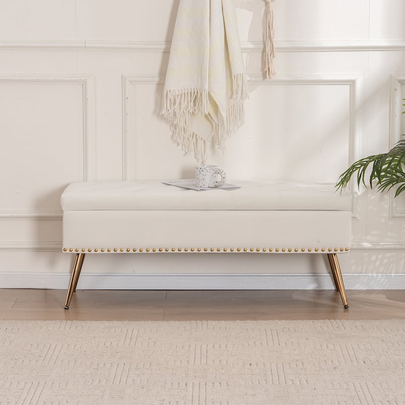 Velvet Storage Ottoman Bench with gold legs and Nailhead Trim for Bedroom/End of Bed/Entryway/Window - Ivory-46" Wide