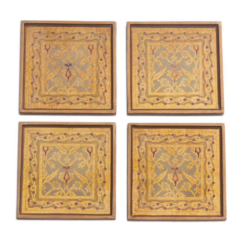 NOVICA Artisan Handblown Reverse Painted Glass Coasters Floral Goldtone Wood Peru Tableware 'Colonial Gold'(Set of 4)