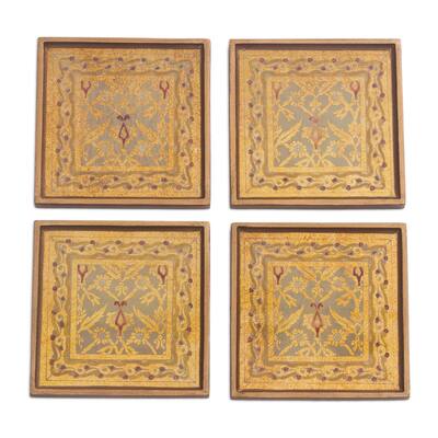 Novica Handmade Colonial Gold Reverse Painted Glass Coasters (Set Of 4)