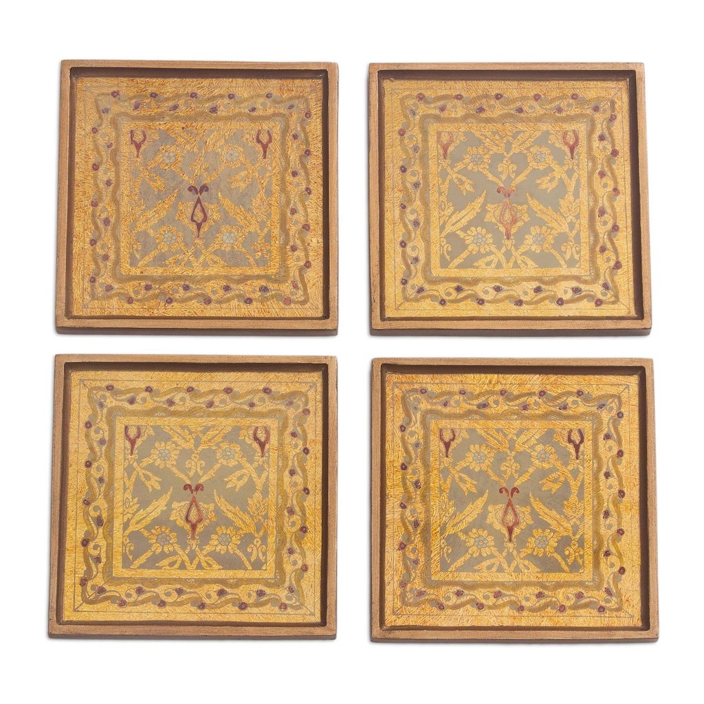 NOVICA Artisan Handblown Reverse Painted Glass Coasters Floral Goldtone Wood Peru Tableware 'Colonial Gold'(Set of 4)