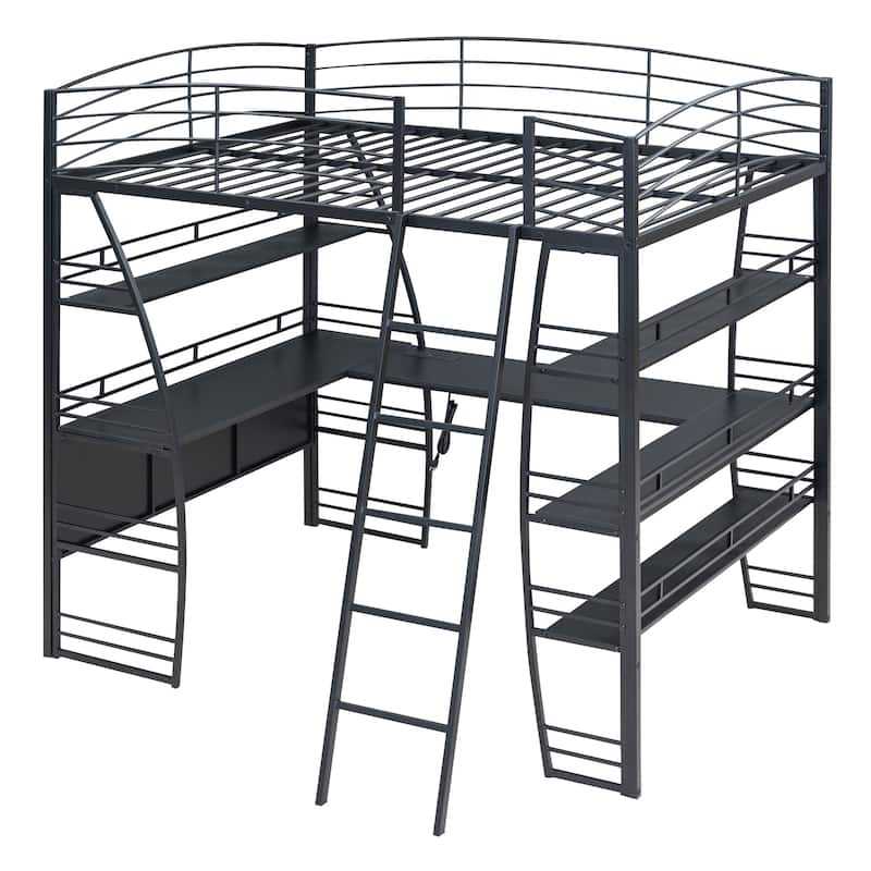 Full Size Loft Bed with 4 Layers of Shelves and L-shaped Desk