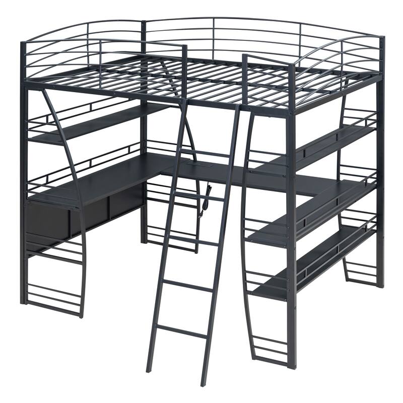 Metal Loft Bed with Shelves, L-Shaped Desk, Sockets, USB Ports, Wireless Charging