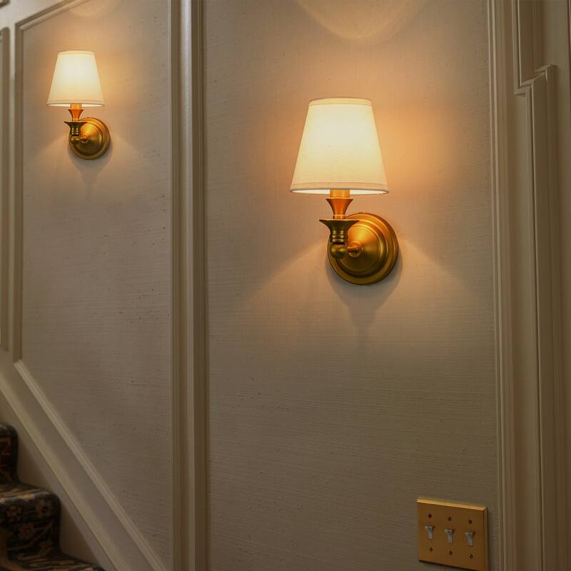 Rennnsan 1-Light Farmhouse Black/Gold Iron Wall Sconce with White Fabric Shade