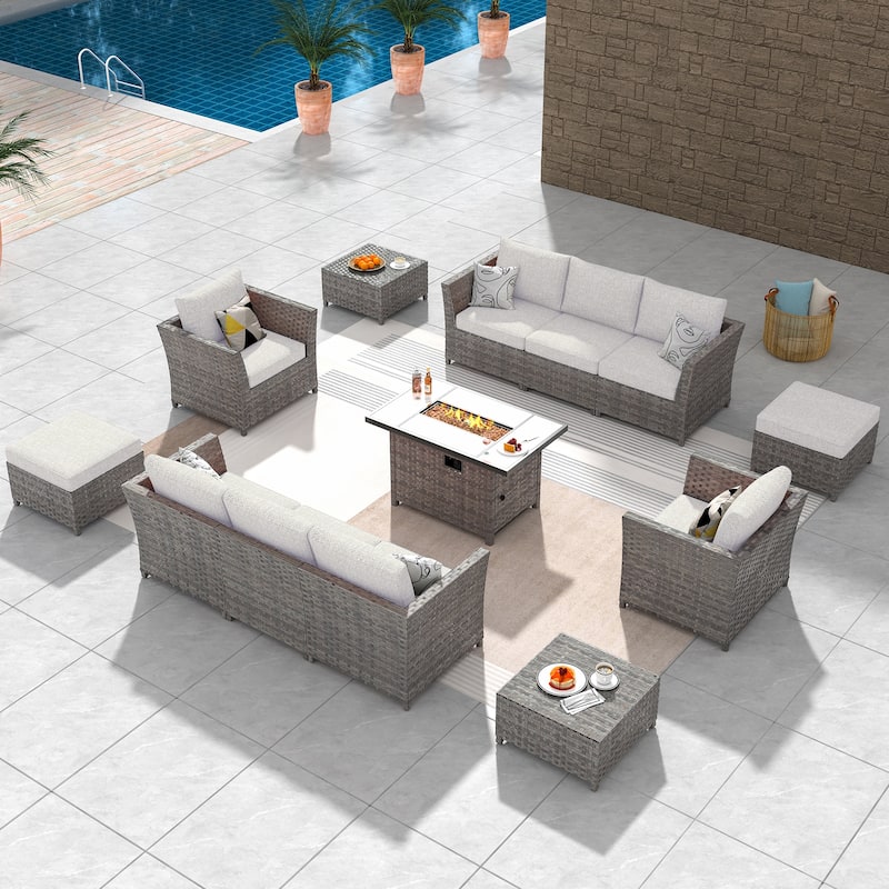 HOOOWOOO 13-piece Grey Wicker Patio Furniture Outdoor Sectional Set with Fire Pit - Beige